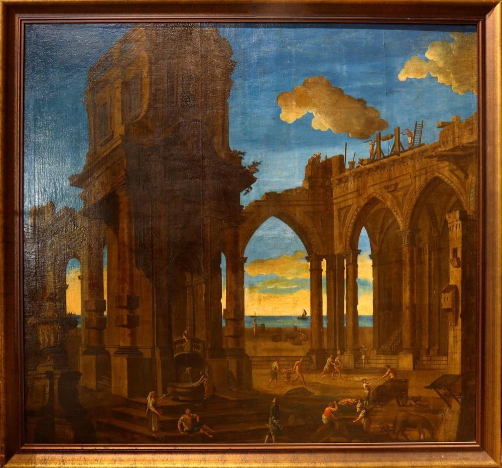 Capriccio architettonico con a sinistrabizarro edificio chiesatico a due ordini